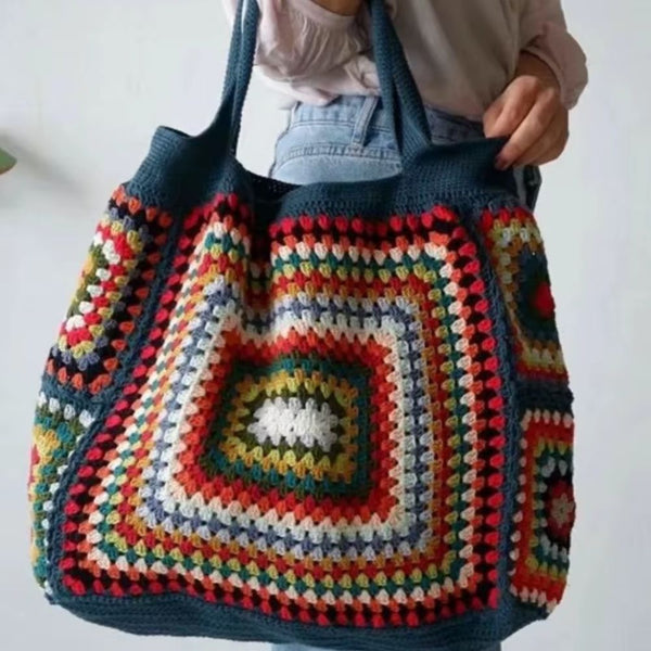 Sac Cabas Shopping Fait Main En Coton Crocheté - Vert, Bandoulière Simili Cuir - NEUF Sans étiquette