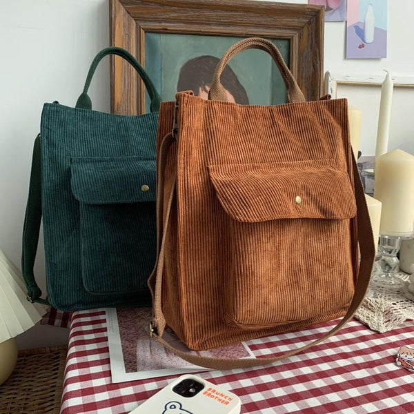 Sac Bandoulière Femme Velours Côtelé - Grand Format - Pour Travail, Courses, École