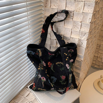 Sac Cabas Femme Brodé Fleurs Vintage en Tissu