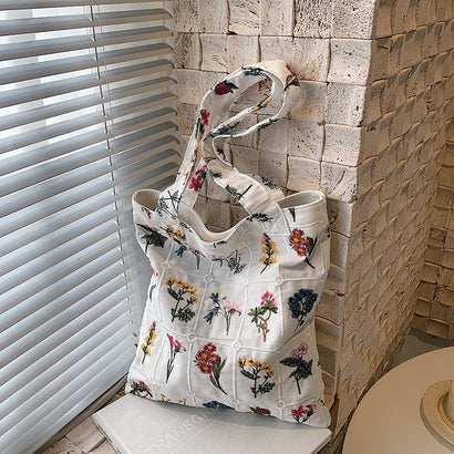 Sac Cabas Femme Brodé Fleurs Vintage en Tissu